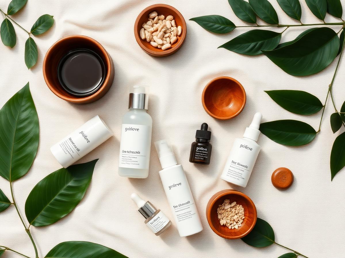 Produtos de skincare naturais dispostos com folhas verdes